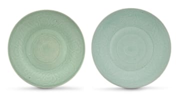 A pair of Chinese celadon-glazed dishes, late Qing Dynasty