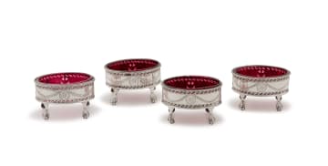 Four George III silver and pink glass salts, Robert Hennell I, London, 1780