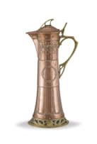 An Art Nouveau Württembergische Metallwarenfabrik (WMF) copper and brass flagon