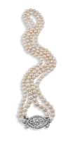 Edwardian two-strand pearl and diamond necklace