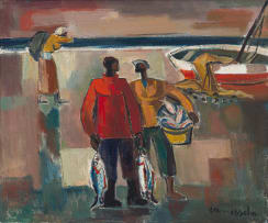 Maurice van Essche; Fishermen, Woman and Boat