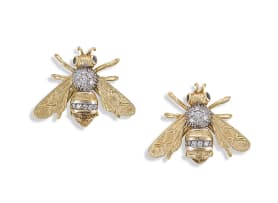 Pair of diamond and 18ct yellow gold bee earrings, Charles Greig