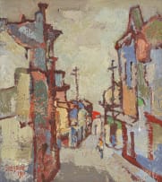 Gregoire Boonzaier; Straatjie met Twee Lamppale en Rooi Dak (Street with Two Lampposts and Red Roof)