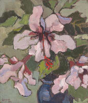 Gregoire Boonzaier; Pienk Hibiskusse in Blou Vaas (Pink Hibiscuses in Blue Vase)