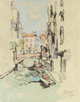 Gregoire Boonzaier; Kanaal met Twee Bote en Rooi Brug, Venesië (Canal with Two Boats and Red Bridge, Venice)