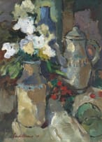 Eben van der Merwe; Still Life with Flowers in a Vase and Teapot