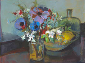 Herbert Coetzee; Still Life with Bottle, Lemon and Vase of Flowers