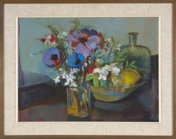 Herbert Coetzee; Still Life with Bottle, Lemon and Vase of Flowers