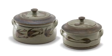 A stoneware casserole dish and cover, Tim Morris, 1941-1990