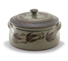 A stoneware casserole dish and cover, Tim Morris, 1941-1990