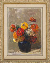 Adriaan Boshoff; Zinnias In A Blue Vase