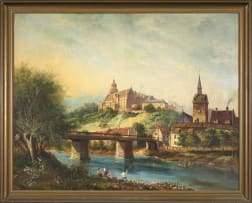 Otto Landsberg; Prussian Landscape with Castle and Fisherman