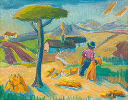 Maggie Laubser; Landscape with Harvester, Tree and Houses