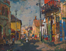 Gregoire Boonzaier; Street with Verandahs and Lamp Posts