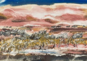 Gordon Vorster; Wildebeest and Zebra Beneath Red Dunes