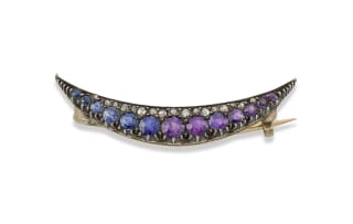 Victorian crescent-shaped ombre gem-set gold and silver brooch