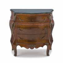 A French mahogany and walnut gilt metal-mounted marble-topped commode