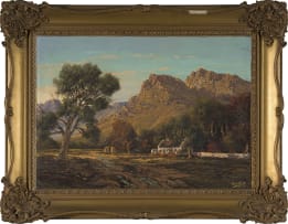 Tinus de Jongh; Cottage, Mountains and Trees in a Landscape