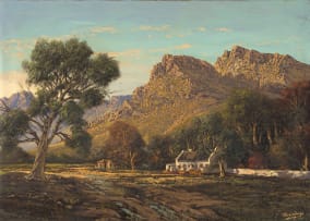 Tinus de Jongh; Cottage, Mountains and Trees in a Landscape