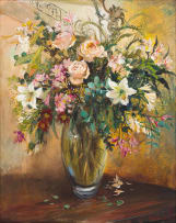Mari Vermeulen-Breedt; Roses and Lilies in a Vase
