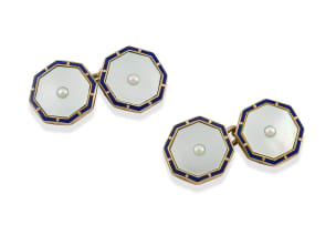 Pair of Edwardian mother-of-pearl, enamel, pearl and 9ct gold cufflinks, E P Mallory, Bath