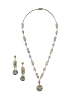 Chinese seed pearl, enamel and pink rose quartz filigree gilt-metal necklace and earrings, en suite, early 20th century