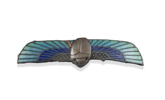 Late Victorian enamel Egyptian winged scarab beetle ornament