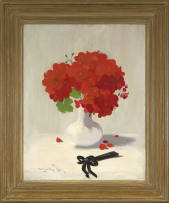James Stuart Park; Still Life with Red Geraniums and a Black Fan