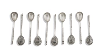 A set of ten Russian silver and niello spoons, '84' Kiev, unknown maker, 1908-1926