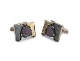 Pair of watermelon, diamond, 18ct yellow gold and silver cufflinks