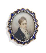 Portrait miniature of a gentleman, set to a diamond, guilloche enamel and gold brooch/pendant, 19th century
