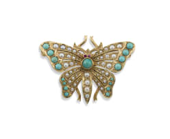 Turquoise and pearl gold brooch in the form of a butterfly, maker H.B, London, 1970