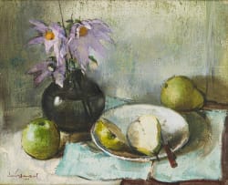 Irmin Henkel; Still Life with Purple Flowers and Green Pears