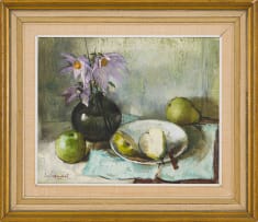 Irmin Henkel; Still Life with Purple Flowers and Green Pears