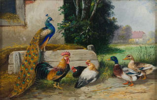 Alfred Schönian; Farmyard with Peacock