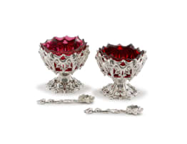 A pair of Victorian silver salts with pink glass liners, The Barnards, London, 1849-1850