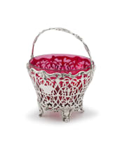 A Victorian silver sugar basket with pink glass liner, John Wilmin Figg, London, 1849