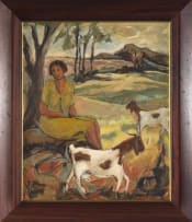 Marena (Kaffie) Pretorius; Woman and Goats in Landscape