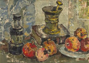 Gregoire Boonzaier; Still Life with Pestle, Mortar and Fruit