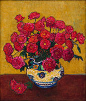 François Krige; Pink Roses in a Dutch Vase