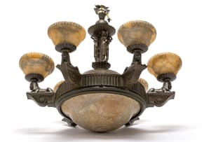 An Art Deco Egyptian Revival six-light patinated bronze and alabaster chandelier, 1920s