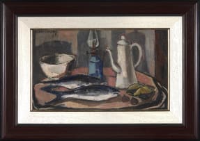 Maurice van Essche; Still Life with Coffee Pot, Fish and Bowl