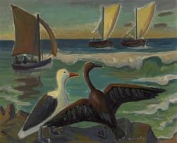 Maggie Laubser; Birds on Rocks; Sea with Boats in Background