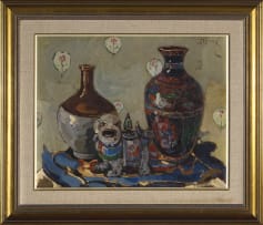 Pieter Wenning; Still Life with Oriental Vases and Chinese Dog of Fo