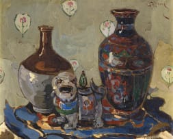 Pieter Wenning; Still Life with Oriental Vases and Chinese Dog of Fo