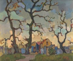 Gregoire Boonzaier; Three Oaks and Cottages, Late Autumn, Cape