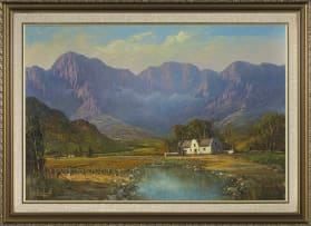 Gabriel de Jongh; Cottage in a Landscape with Mountains Beyond