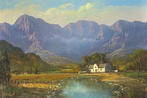 Gabriel de Jongh; Cottage in a Landscape with Mountains Beyond