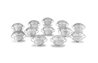 A cased set of twelve George V silver Caudle cups and covers, Edward Barnard & Sons Ltd, London, 1913