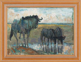 Zakkie Eloff; Three Wildebeest at a Watering Hole